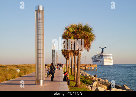 Miami Beach Florida,South Pointe Park,Point,Government Cut,Atlantic Ocean,water,Carnival Cruise Lines,Destiny ship,departing,Port of Miami,turtle ligh Stock Photo