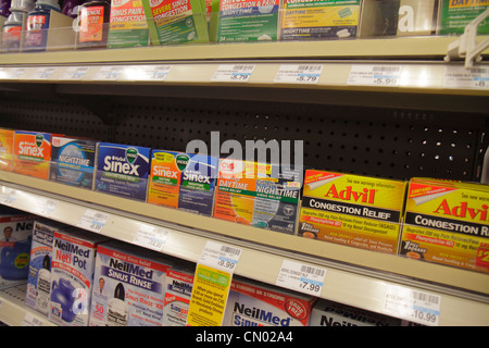 Miami Beach Florida,Fifth Street,Walgreens,pharmacy,drugstore,display case sale,brands,Advil,Sinex,sinus congestion,cold medicine,name brand,over the Stock Photo