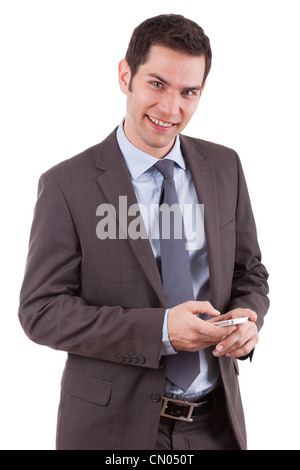 Portrait of a young caucasian business man using a mobile phone,isolated on white background Stock Photo