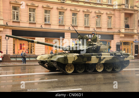 Modern tanks on rehearsal of military parade in Moscow, Russia Stock Photo