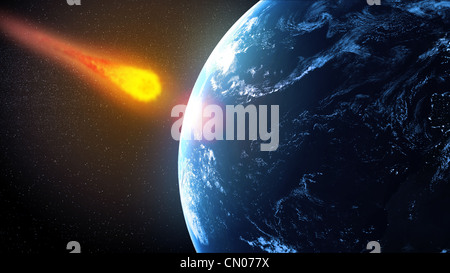 Fall meteorite impact on Earth. An asteroid flies on planet. Hit Stock ...