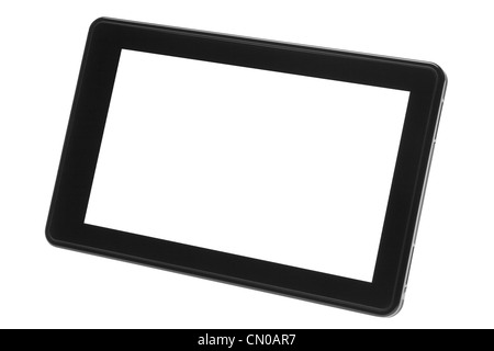 Close-up of digital tablet device displaying white screen. Horizontal, angled backward. Isolated on white. Stock Photo