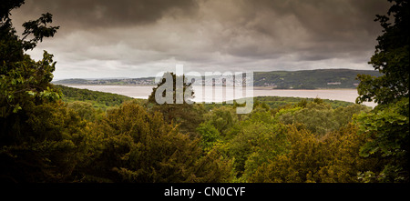 UK, Cumbria, Grange Over Sands, from Arnside, across Kent Channel of Morecambe Bay, Panoramic Stock Photo