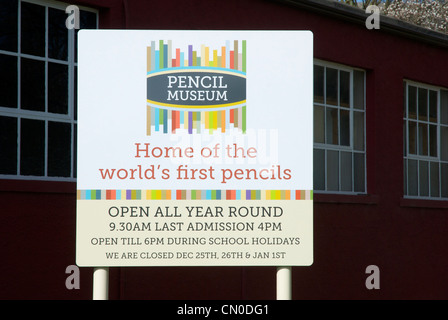 Sign welcoming visitors to the Pencil Museum, in the town of Keswick, Lake District National Park, Cumbria, England UK Stock Photo