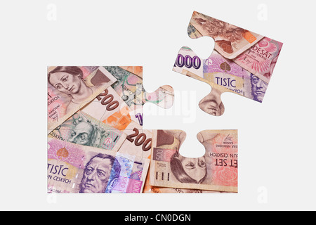 Puzzle: Detail photo of many different Czech koruna. Stock Photo