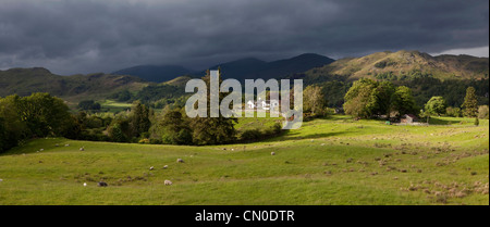 UK, Cumbria, Skelwith Bridge, rain storm cloud approaching over Caste Hows, panoramic Stock Photo