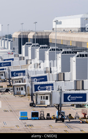 Air corridors at empty stands at Manchester Airport Terminal 2 Stock Photo