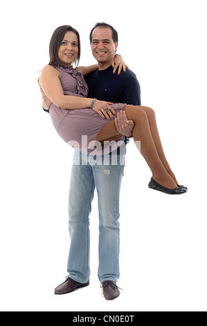 Full length couple with man holding woman in arms isolated on white background Stock Photo