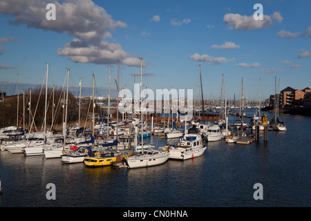 View from Pont y Werin over the River Ely looking towards Cardiff Bay. Stock Photo