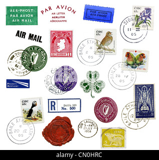 Postage stamps and labels from Ireland, mostly vintage Stock Photo