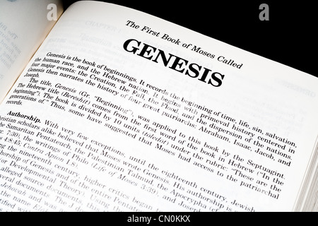 Bible opened up to the book of Genesis Stock Photo