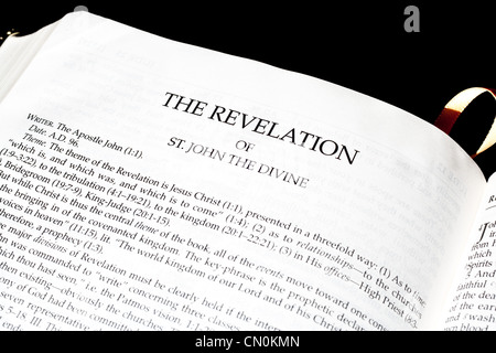 Bible opened to the book of Revelation Stock Photo