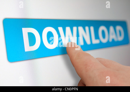 Finger Touching Download Button on LCD Screen Stock Photo