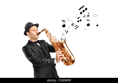 A man playing on saxophone and notes coming out isolated against background Stock Photo