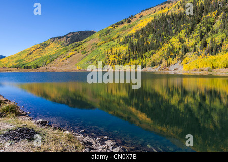 Reflections of Autumn color at Red Mountain Creek and Lake along the Million Dollar Highway (US 550) in Colorado.