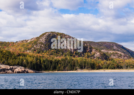 Sand Beach in Acadia National Park in Maine is a surprise in an area where beaches are rare amid rough and rugged coastlines. Stock Photo