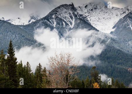 Snow-covered mountains in late October in Kootenay National Park in British Columbia, Canada.