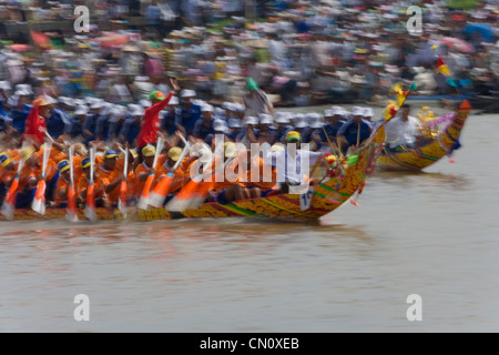 Ngo Boat Race celebrating Khmer people's new year festival, Ghe Ngo Festival, on Mekong River, Soc Trang, Vietnam Stock Photo