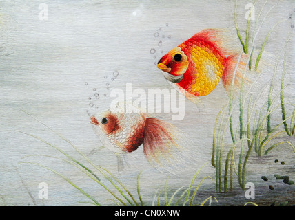 Embroidery piece depicting gold fish, Vietnam Stock Photo