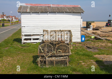 Lobster pots by fisherman's hut, Walmer, Kent, UK Stock Photo