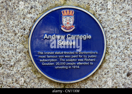 Plaque at the base of the Andrew Carnegie statue in Pittencrieff Park in Dunfermline, Fife, Scotland Stock Photo