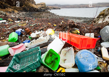 Plastic debris washed ashore at Ardtreck Bay on the Isle of Skye, Scotland, UK.
