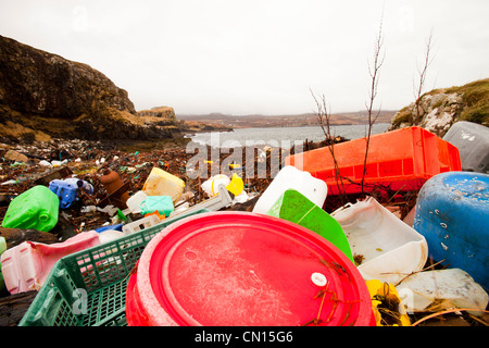 Plastic debris washed ashore at Ardtreck Bay on the Isle of Skye, Scotland, UK.