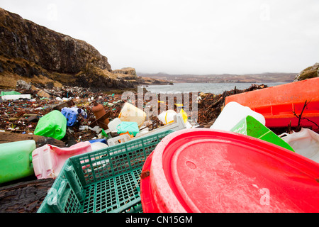 Plastic debris washed ashore at Ardtreck Bay on the Isle of Skye, Scotland, UK.