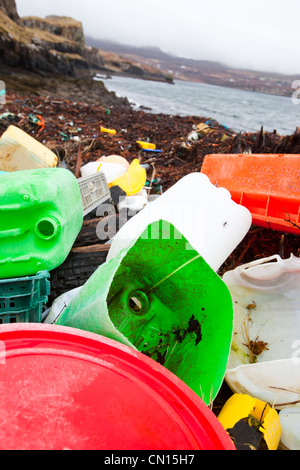 Plastic debris washed ashore at Ardtreck Bay on the Isle of Skye, Scotland, UK.