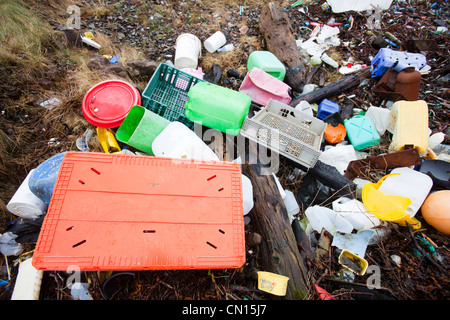 Plastic debris washed ashore at Ardtreck Bay on the Isle of Skye, Scotland, UK.