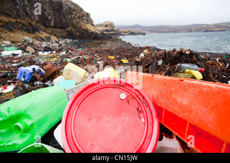 Plastic debris washed ashore at Ardtreck Bay on the Isle of Skye, Scotland, UK.
