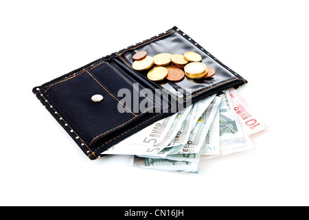 black wallet with euro money over white background Stock Photo