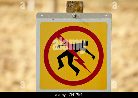 Electric shock  danger warning sign-Boundary Bay, Vancouver, British Columbia, Canada. Stock Photo