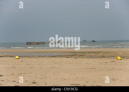 Remains of the Mulberry harbour from Asnelles part of the codenamed Gold Beach on D Day attacked by British forces, Normandy Stock Photo