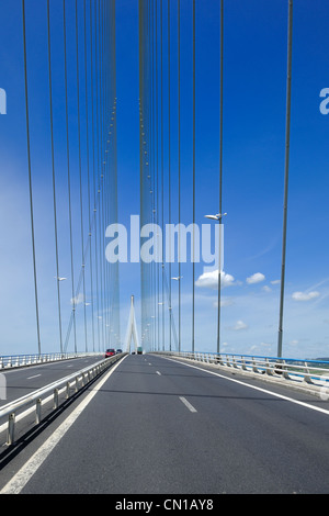 France, between Calvados and Seine Maritime, the Pont de Normandie spans the Seine to connect the towns of Honfleur and Le Havre Stock Photo