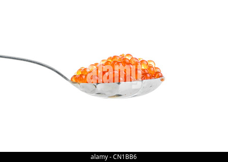 Red salmon caviar on a spoon on a white background Stock Photo