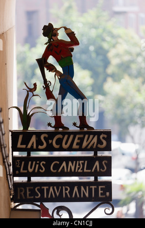 Madrid, Spain. Las Cuevas de Luis Candelas restaurant sign of the bandit Luis Candelas in the Arco de Cuchilleros, Plaza Mayor. Stock Photo