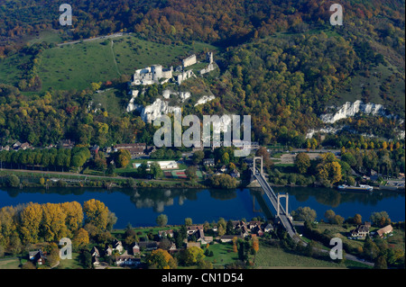 France, Eure, Les Andelys, Chateau Gaillard, 12th century fortress built by Richard the Lionheart (aerial view) Stock Photo