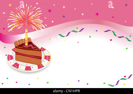 Happy Birthday - party celebration with festive cake, glowing candle and fireworks. Stock Photo