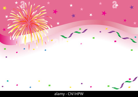 Celebrations and party banner with sparkling fireworks and colorful confetti. Isolated over white background Stock Photo
