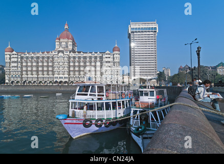 Passenger ferry boats Taj Mahal Palace Hotel Colaba Mumbai Bombay India Stock Photo
