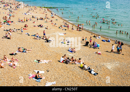 Crowd of people sunbathing on the beach at Antibes, Cote d'Azur