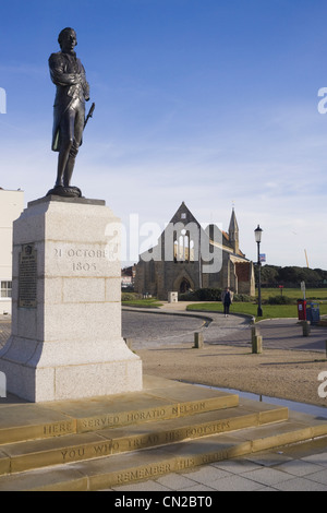 Statue of Lord Nelson in front of Garrison Church, Portsmouth UK Stock Photo