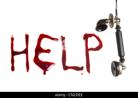 Hanging telephone receiver and bloody letters as a cry for help Stock Photo