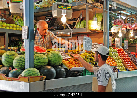 Fruit and veg stall in the indoor market (Mercado de Atarazanas), Malaga, Andalucia, Spain, Western Europe. Stock Photo