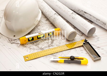 architecture blue plans and work tool Stock Photo