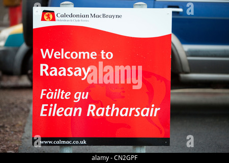 Welcome to Raasay sign at the ferry terminal, Scotland, UK. Stock Photo