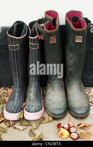 Two pairs of wellington boots Stock Photo