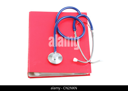 Blue stethoscope healthcare, instrument, isolated on white, red file folder, binder Stock Photo