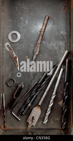 Tray of drill bits Stock Photo